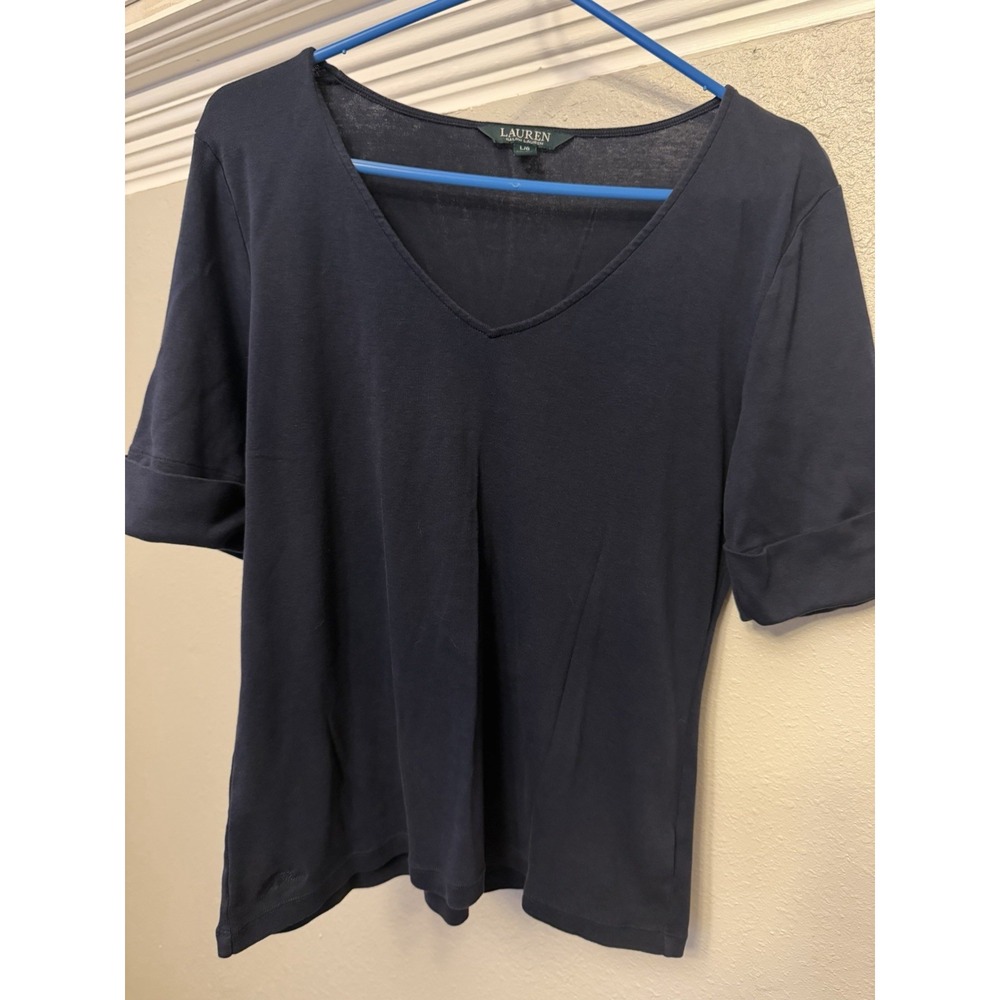 Lauren Ralph Lauren V Neck Tee Cuffed 1/2 Sleeve All Cotton Navy Large Women